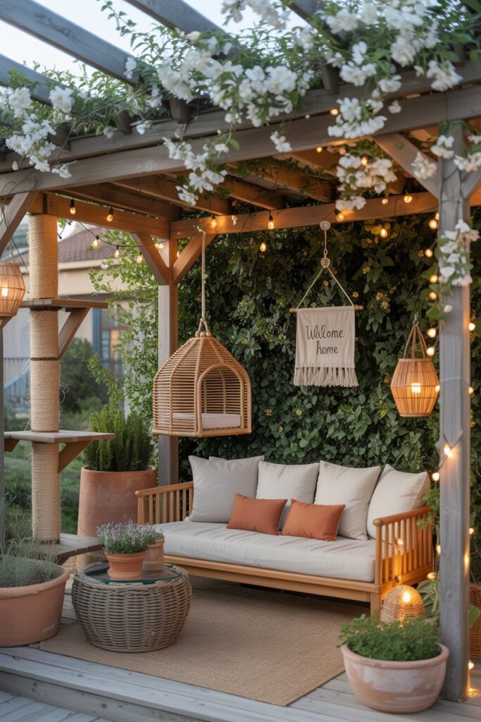 Boho balcony makeover with weathered teak decking, sand-and-ivory flat-weave outdoor rug, dual rattan cat houses with terracotta-tone cushions