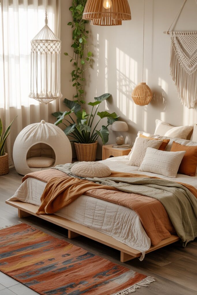 Boho bedroom sanctuary with a low wooden platform bed, layered flatweave and Moroccan kilim rugs, a linen cat cave at the foot of the bed