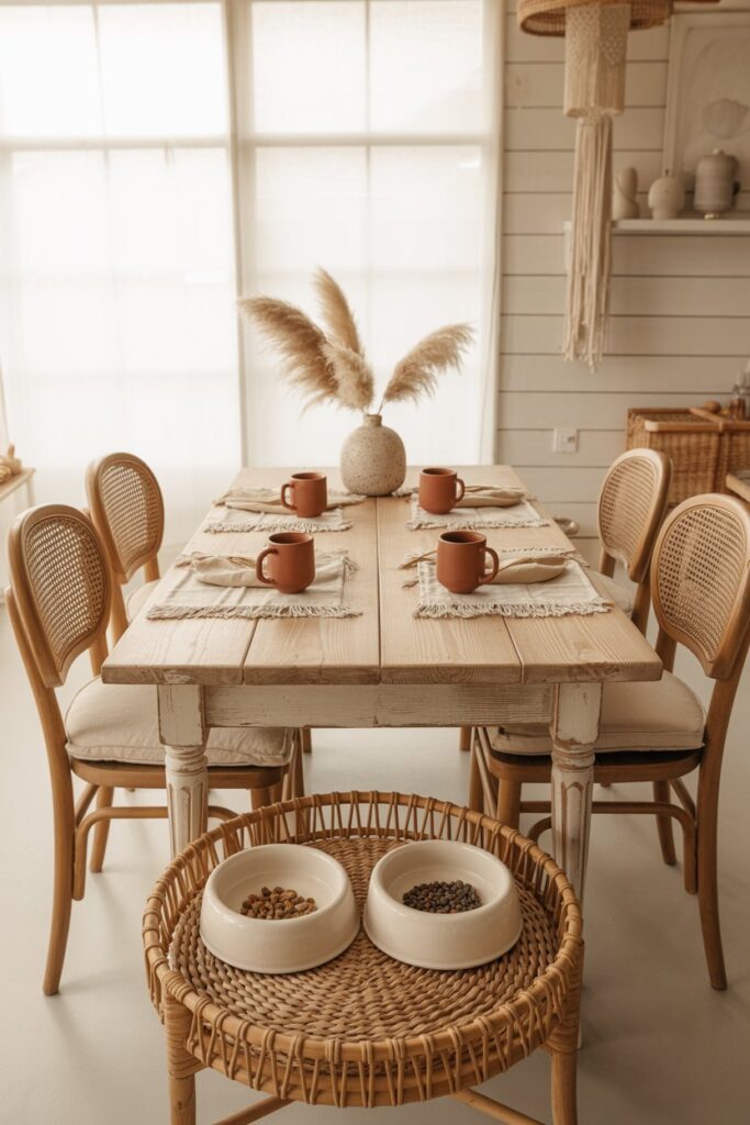 Boho kitchen-dining area with reclaimed pine floors, live-edge dining table, wicker chairs, a raised teak feeding station with stoneware bowls