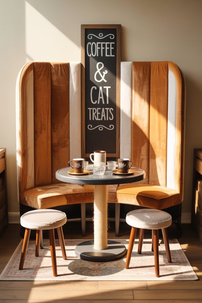 Café themed cat furniture with booth seating and coordinated human table setup