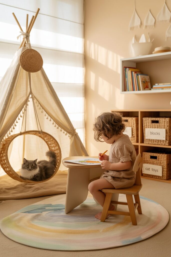 Cat-friendly boho kids’ space showcasing woven pastel bins, a felt-lined cat ladder by the play tent, cotton floor cushions