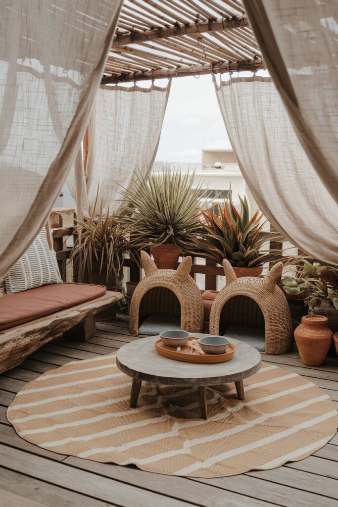 Cat-ready garden retreat showcasing hanging macramé planters, a low live-edge bench, woven seagrass basket of toys