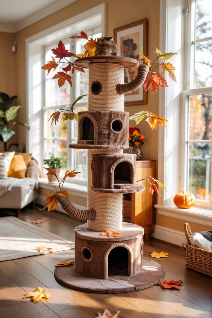 Cat tower designed like tree with burnt orange maple leaves