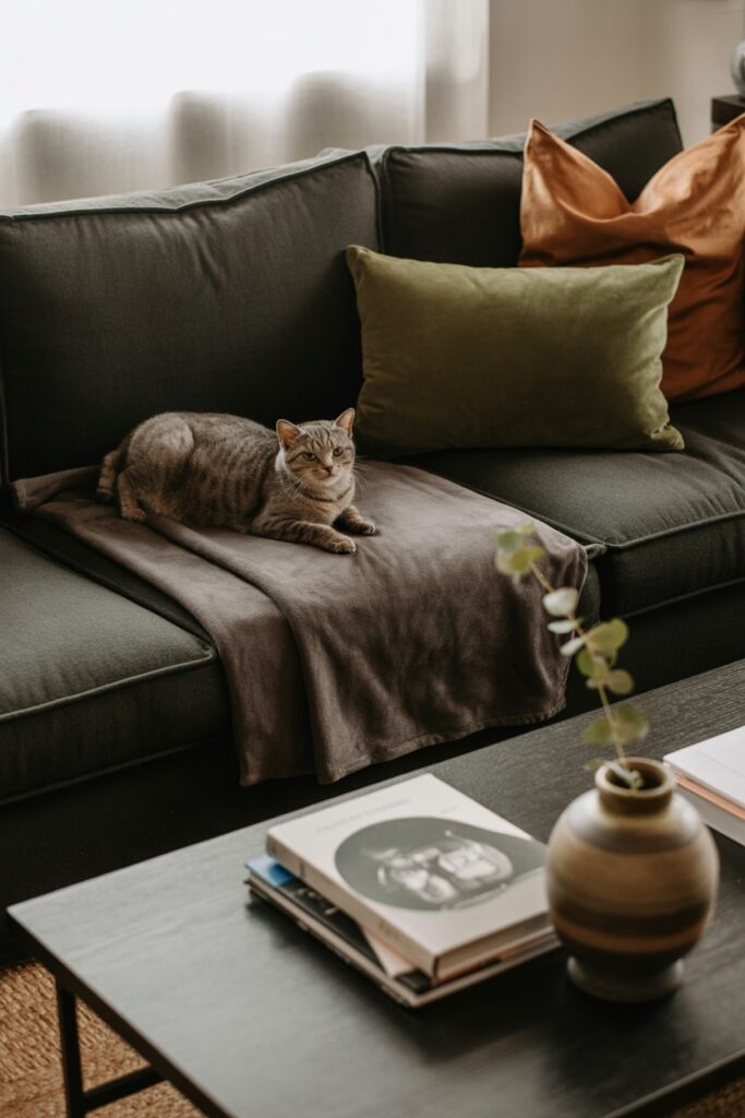 Charcoal gray slipcovered sofa with a cozy pet blanket and moody home decor.