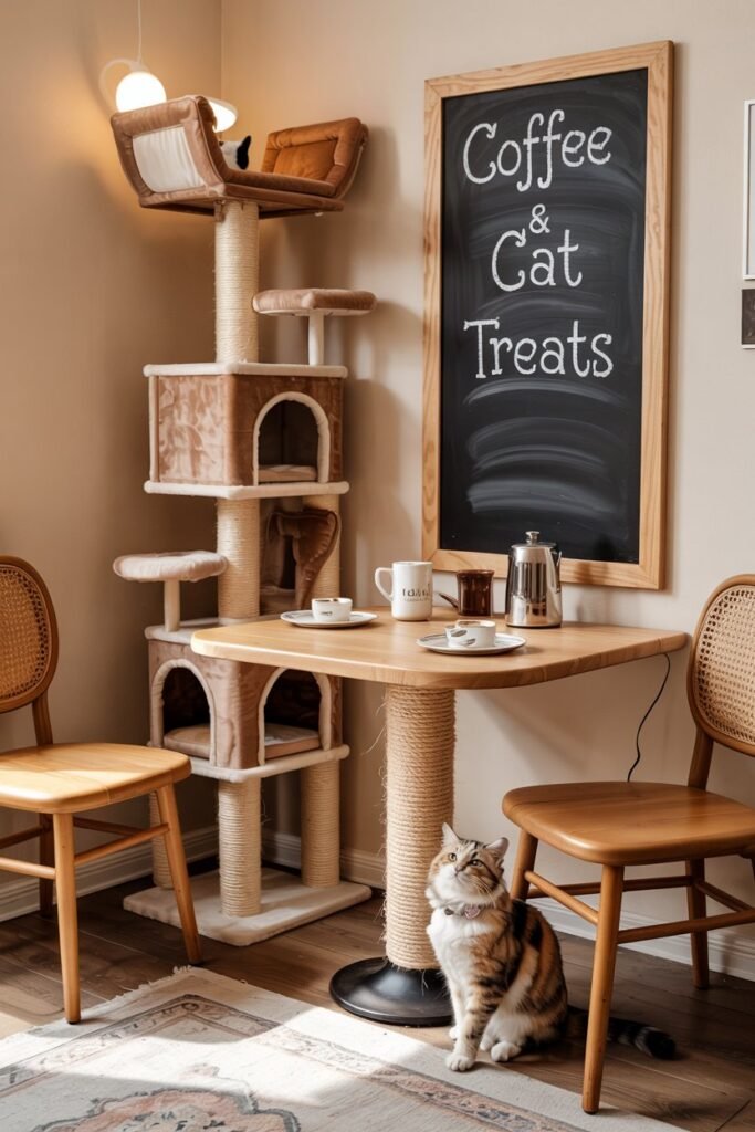 Coffee shop style cat corner with matching caramel and cream café furniture