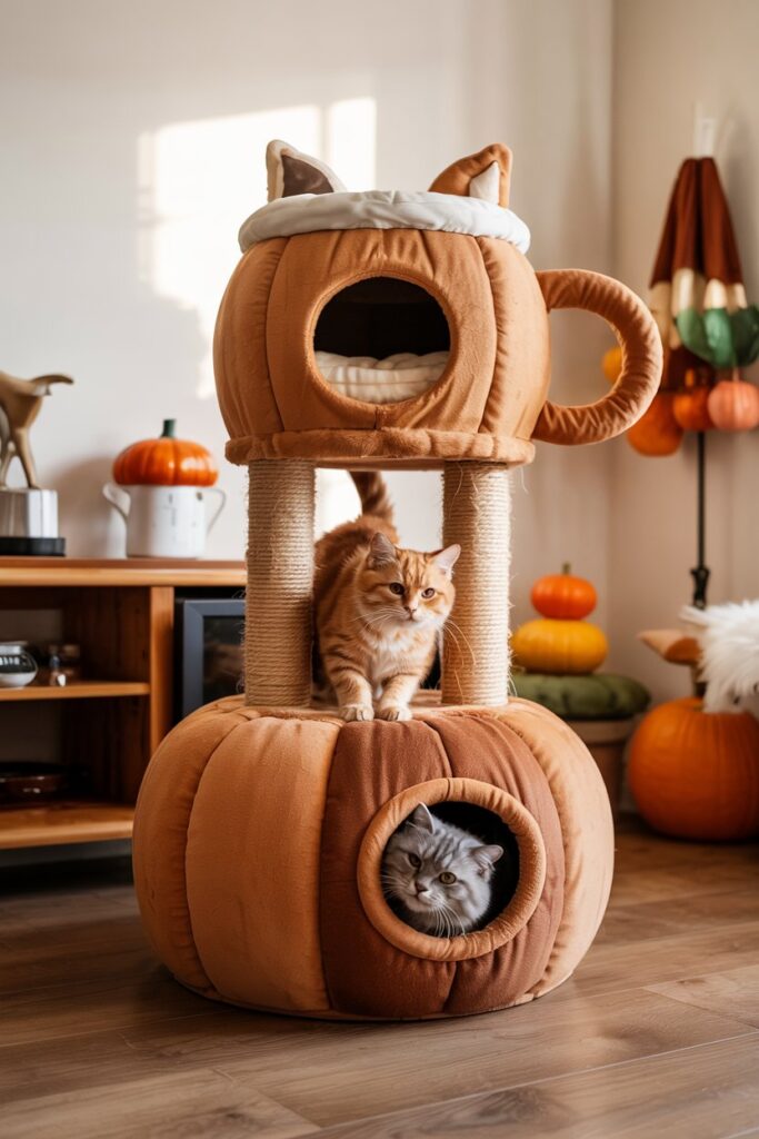 Cozy autumn cat café tower shaped like pumpkin spice latte with handle climbing ramp and coffee-themed hideout