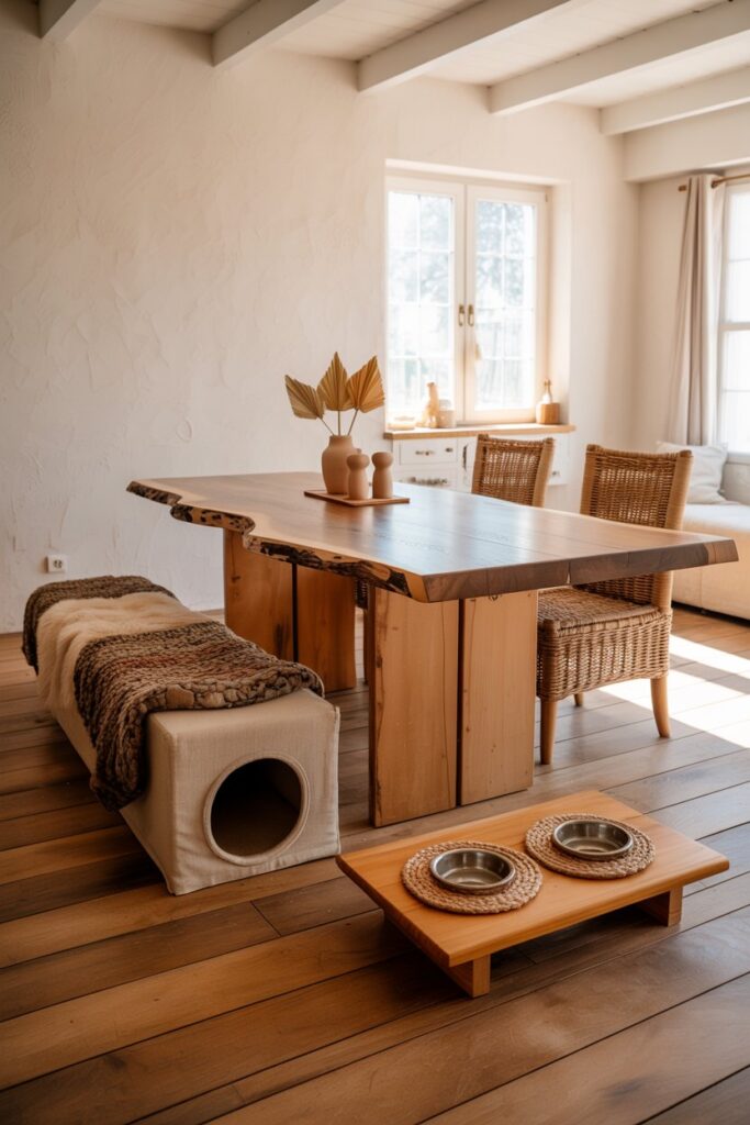Cozy boho-chic dining nook layered with a hand-loomed rug, chunky knit throws, a jute placemat under feeding bowls