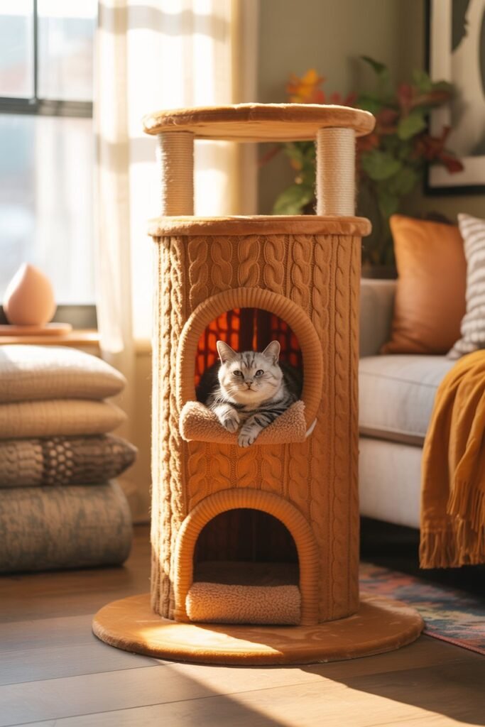 Cozy cable-knit cat tower in burnt sienna and golden mustard with flannel hideaways and sweater-textured posts.