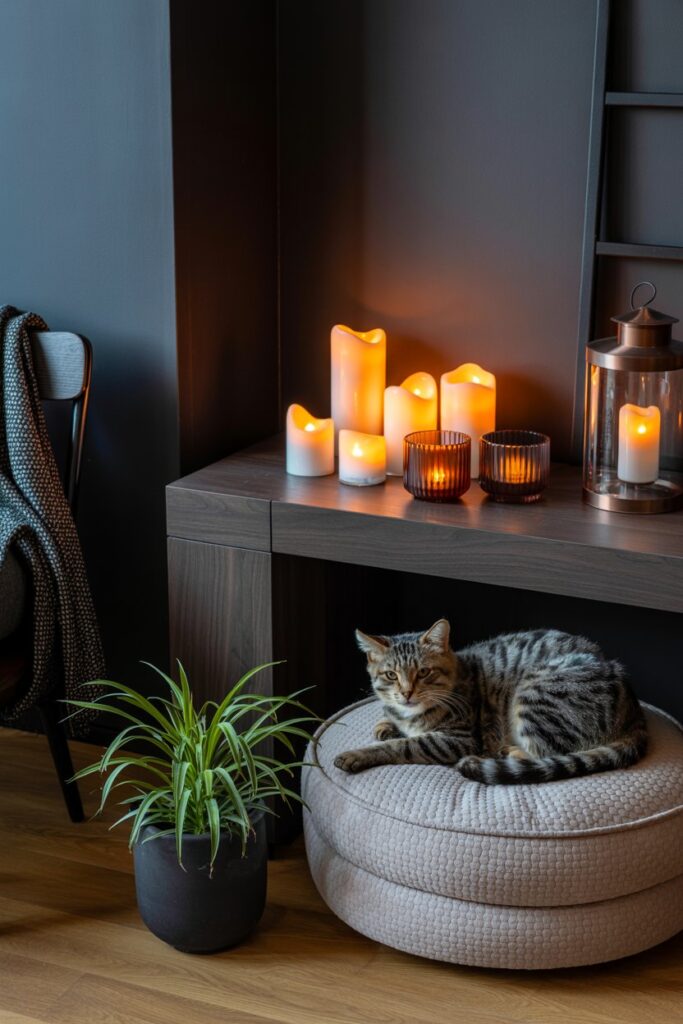 Cozy corner with faux candlelight in black and bronze holders beside a pet bed.