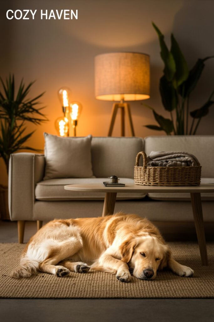 Cozy evening room with pets resting peacefully under soft, energy-efficient LED lighting.