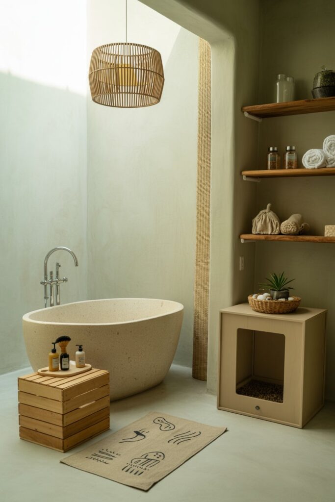 Cozy sage-green bohemian loo with lime-washed plaster walls, concrete floor softened by a plush terracotta-cream rug