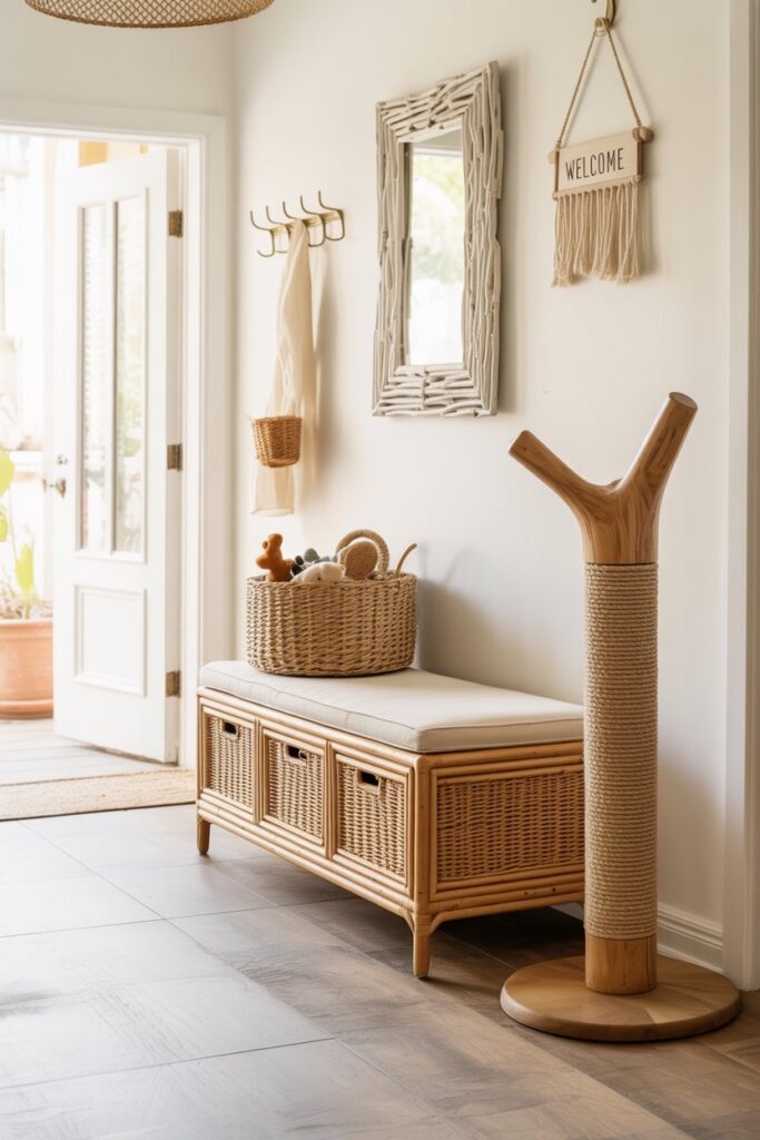 Cozy sunlit vestibule showcasing smooth stone tile, wool-blend washable rug, reclaimed teak bench with hidden litter compartment