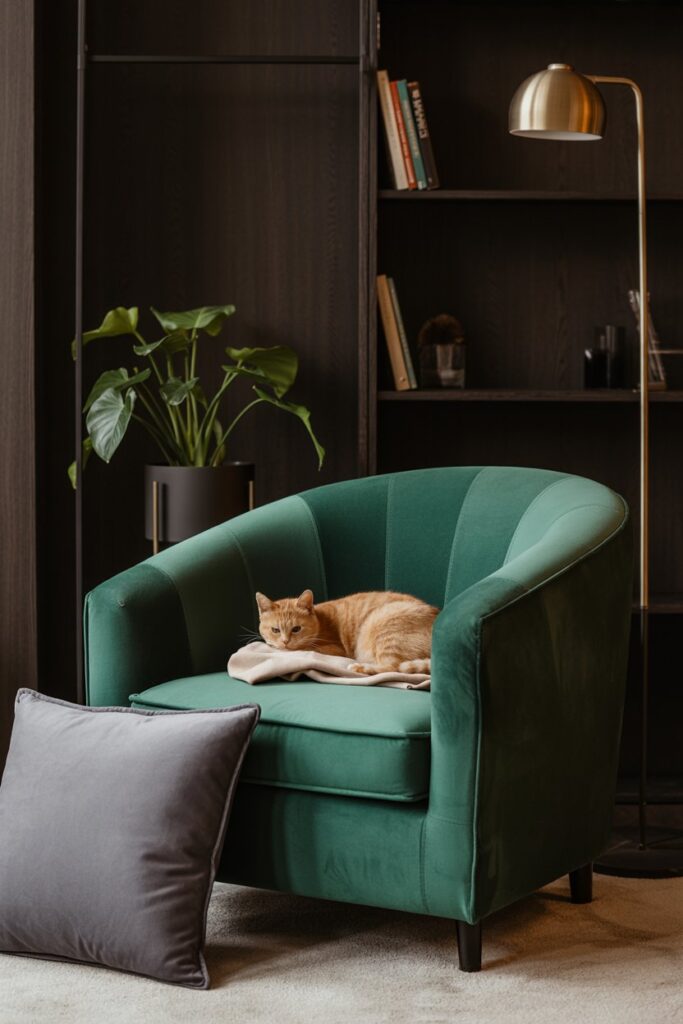 Dark green velvet armchair with a cat lounging on a matching cushion in a moody, pet-friendly room.
