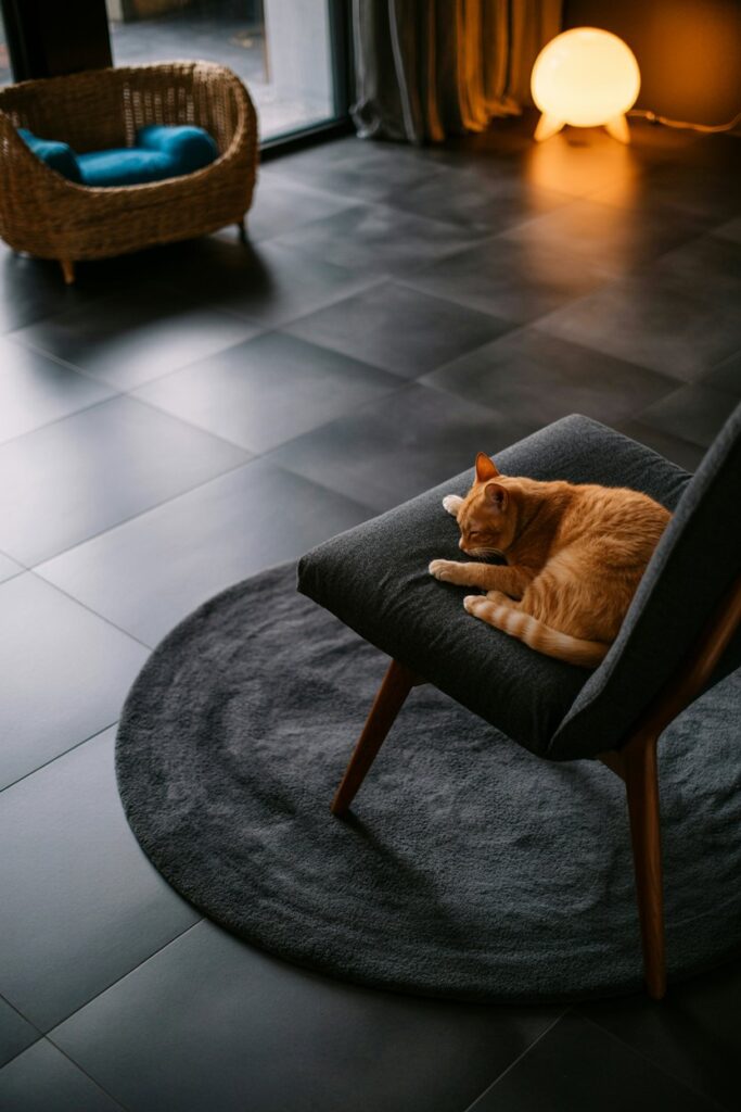 Dark-stained wood floors in a moody home with a stylish pet-friendly setup and a black area rug.