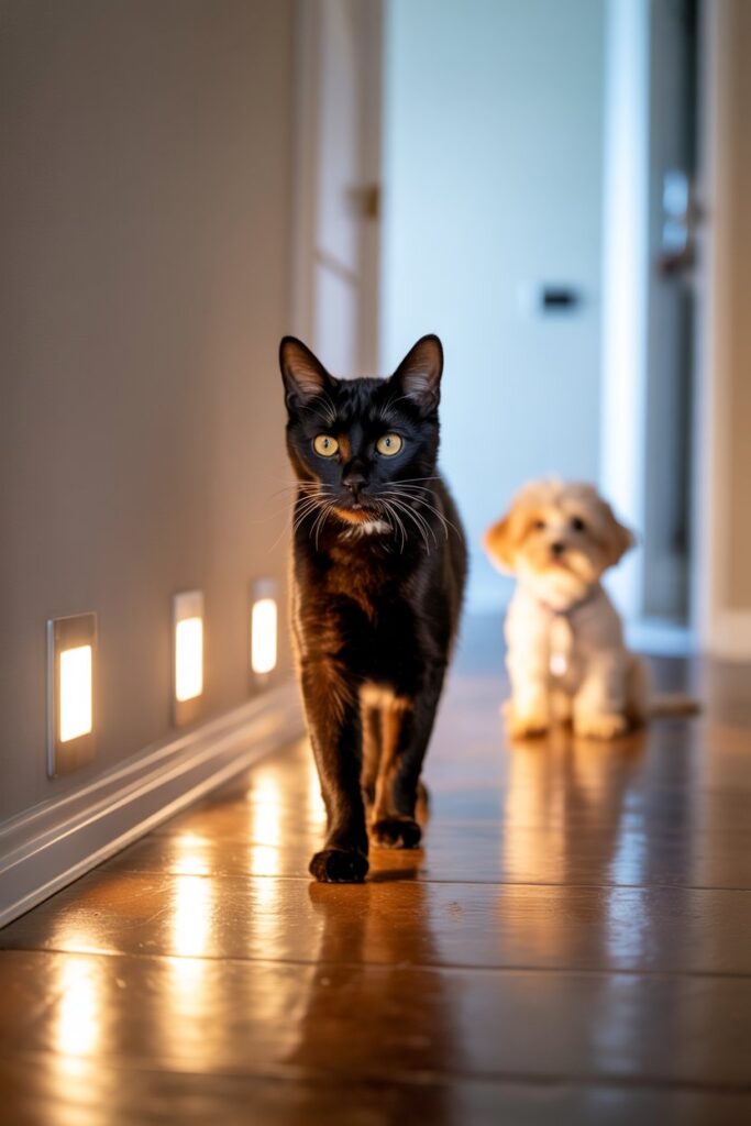 Dog and cat using a hallway lit by motion-sensor lights, an example of lighting tricks for pets.