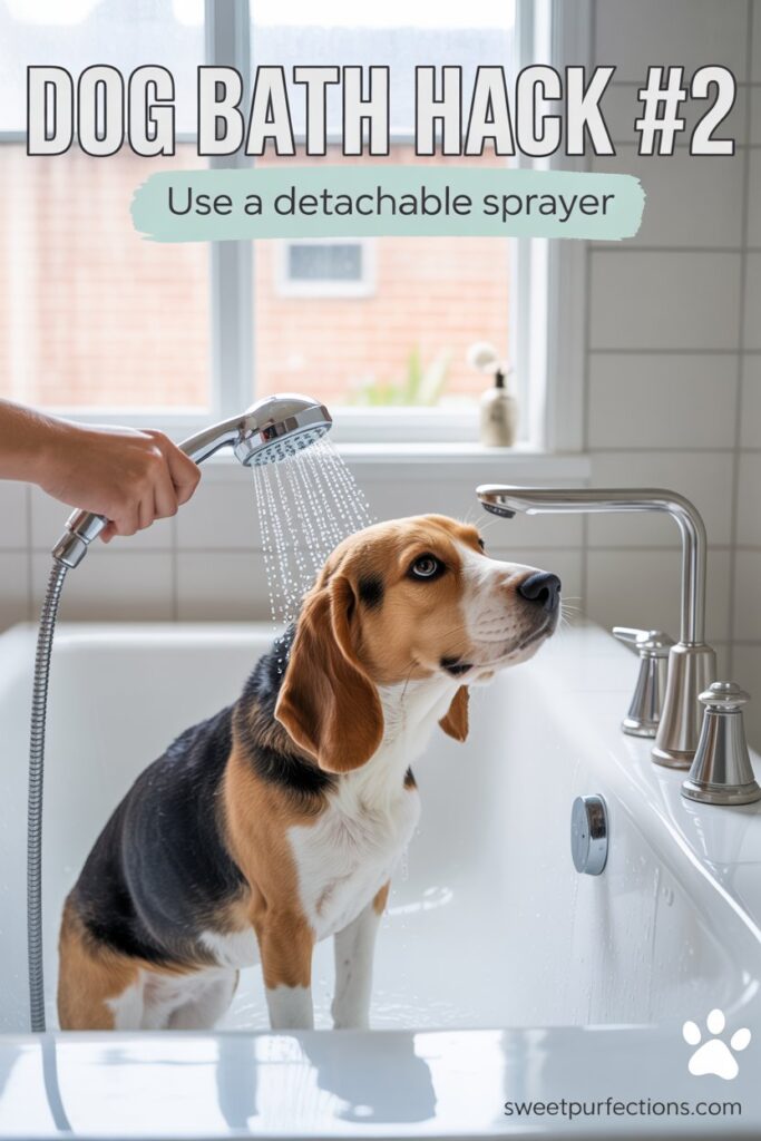 Dog grooming hack using a detachable shower sprayer for easy rinsing