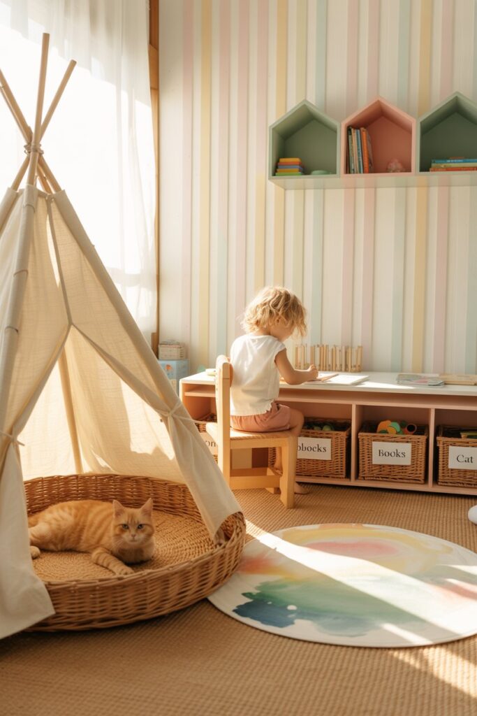 Dreamy boho playroom bathed in natural light, featuring a pastel flatweave, scalloped-edge canvas teepee with integrated cat nook