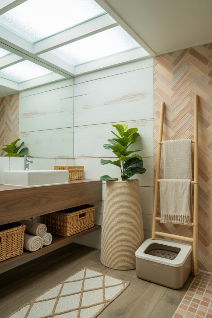 Earthy boho bath retreat featuring terracotta herringbone tile accent wall, floating walnut vanity, cane-door litter cabinet disguised as décor