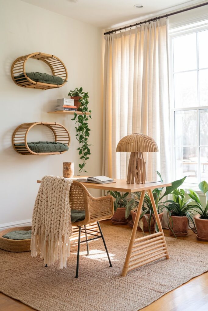 Earthy chic work nook featuring matte olive walls, reclaimed teak floors layered with a geometric runner, a macramé plant hanger over a whitewashed desk