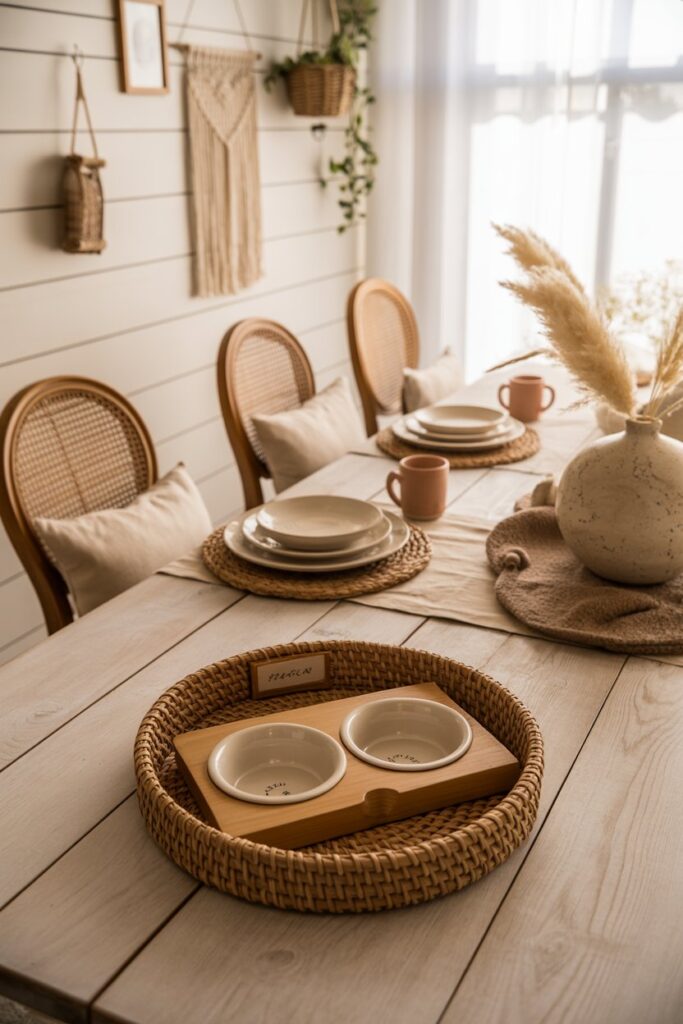 Earthy modern farmhouse kitchen with raw oak open shelving, terracotta serving bowls, a raised wooden pet feeder with neutral ceramic dishes