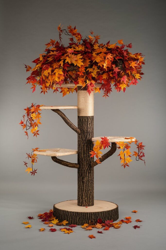 Fall foliage cat tower featuring maple leaves and multiple levels