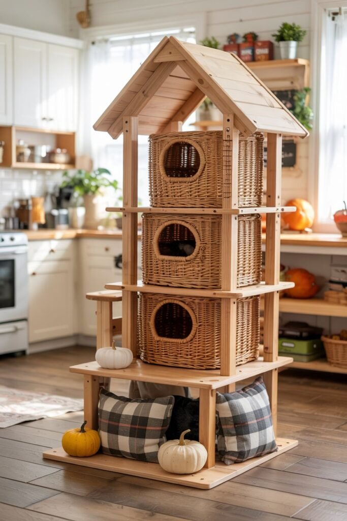 Fall market booth cat furniture with multiple levels and farmhouse design