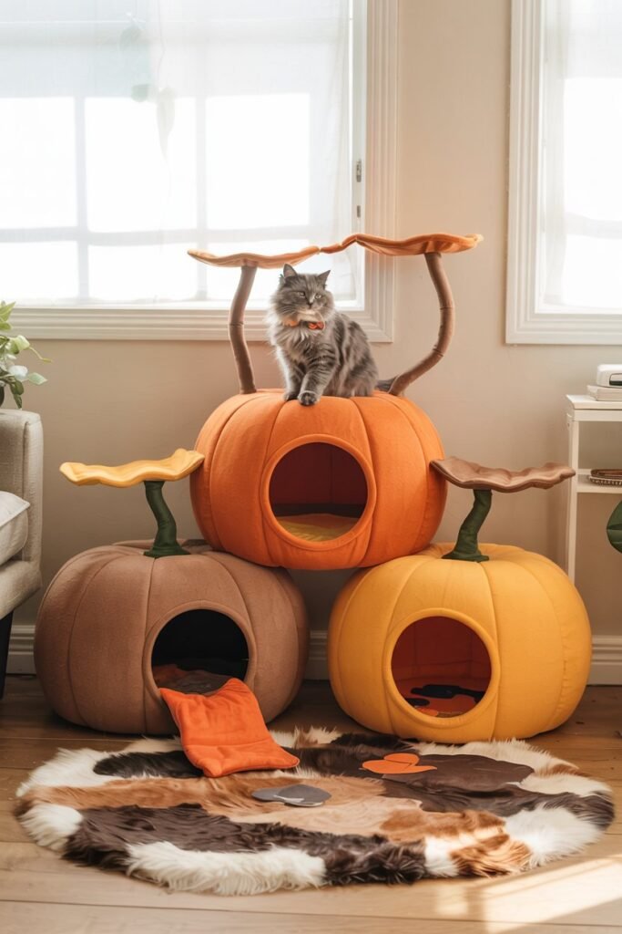 Fall-themed cat furniture with pumpkin-shaped modules, climbing bridges, and cozy seasonal design.