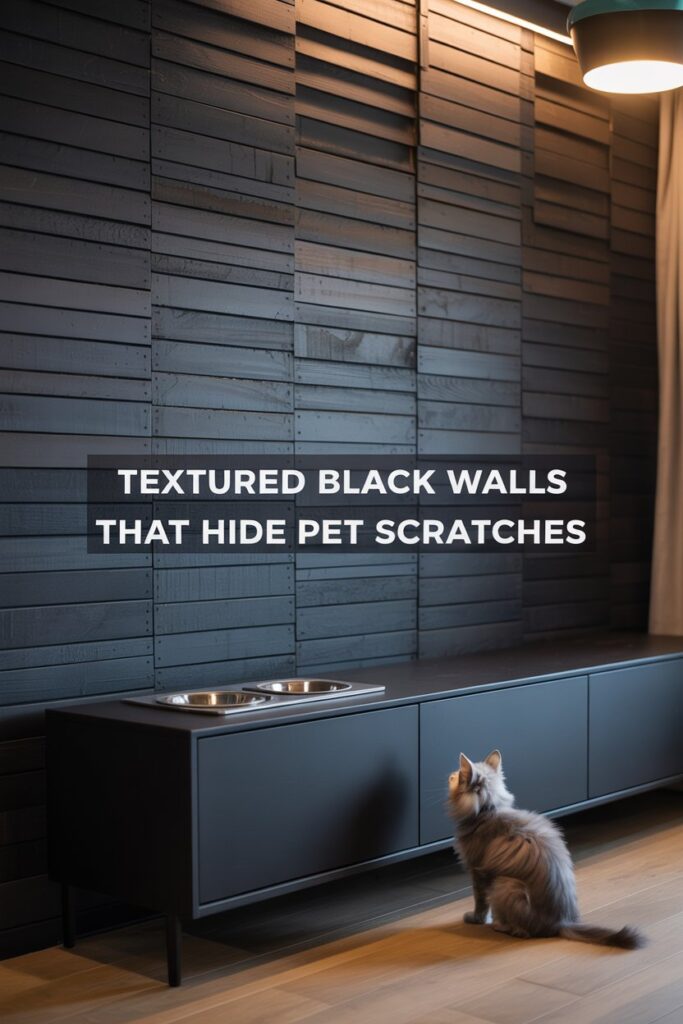 Faux black brick wallpaper behind a cat litter cabinet in a dark, elegant interior.