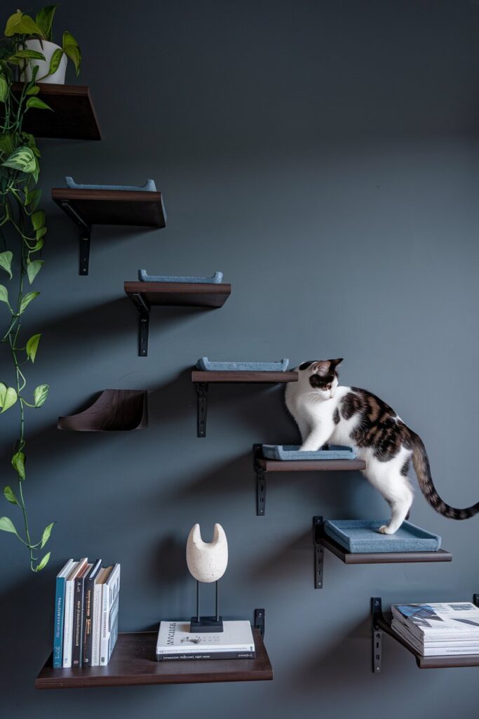 Floating dark wood cat shelves on a black accent wall with a cat lounging on one shelf.