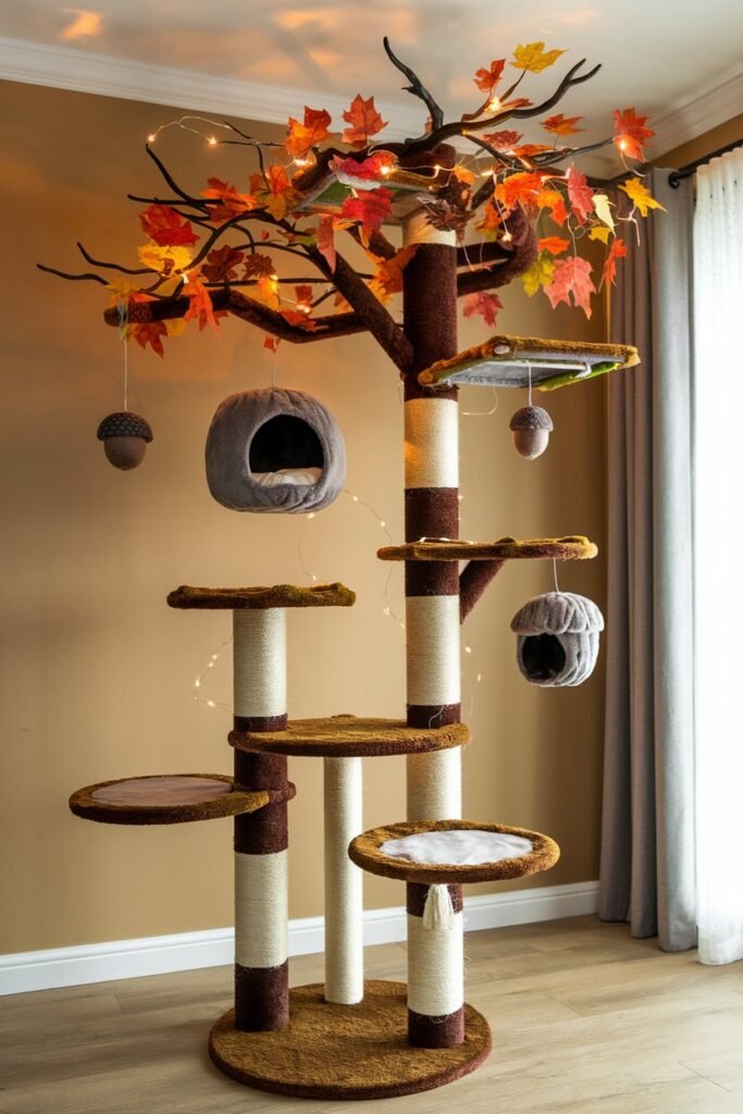 Forest-inspired cat tower with climbing posts, soft moss platforms, and seasonal fall leaves for home décor.