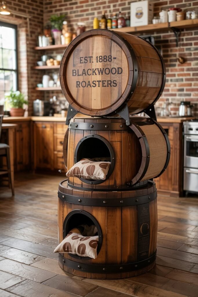 Industrial cat tree featuring weathered wood barrels and coffee bean cushions