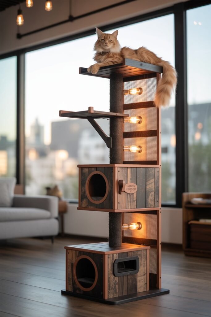Industrial-style cat tower featuring coffee sack textures, multi-level perches, and Edison-style LED lighting.