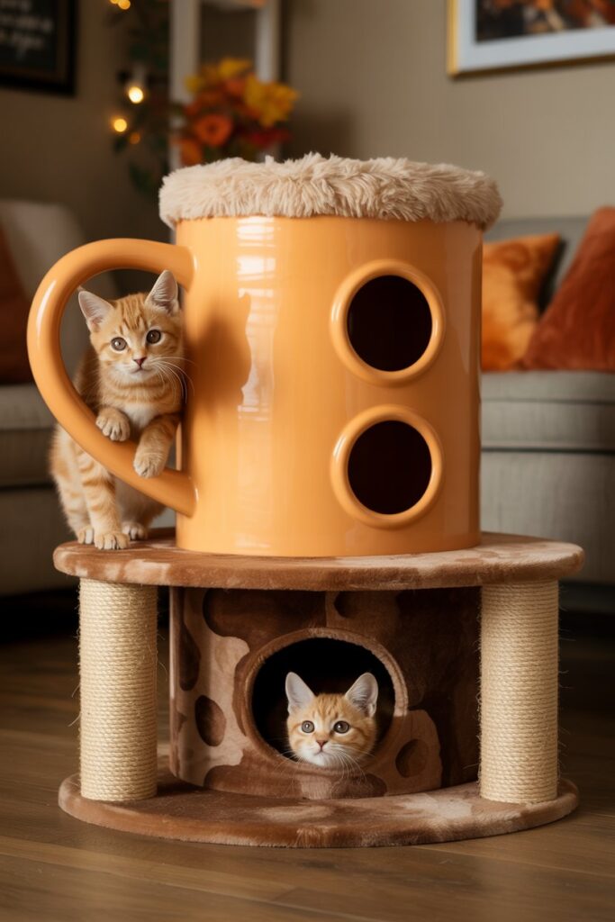 Instagram-worthy autumn cat tower featuring coffee cup design with cream foam top and cinnamon stick scratching elements