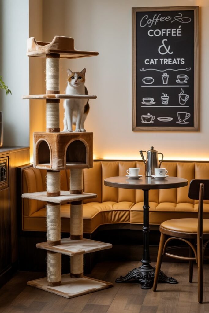 Integrated cat tower designed like coffee shop corner with human dining area