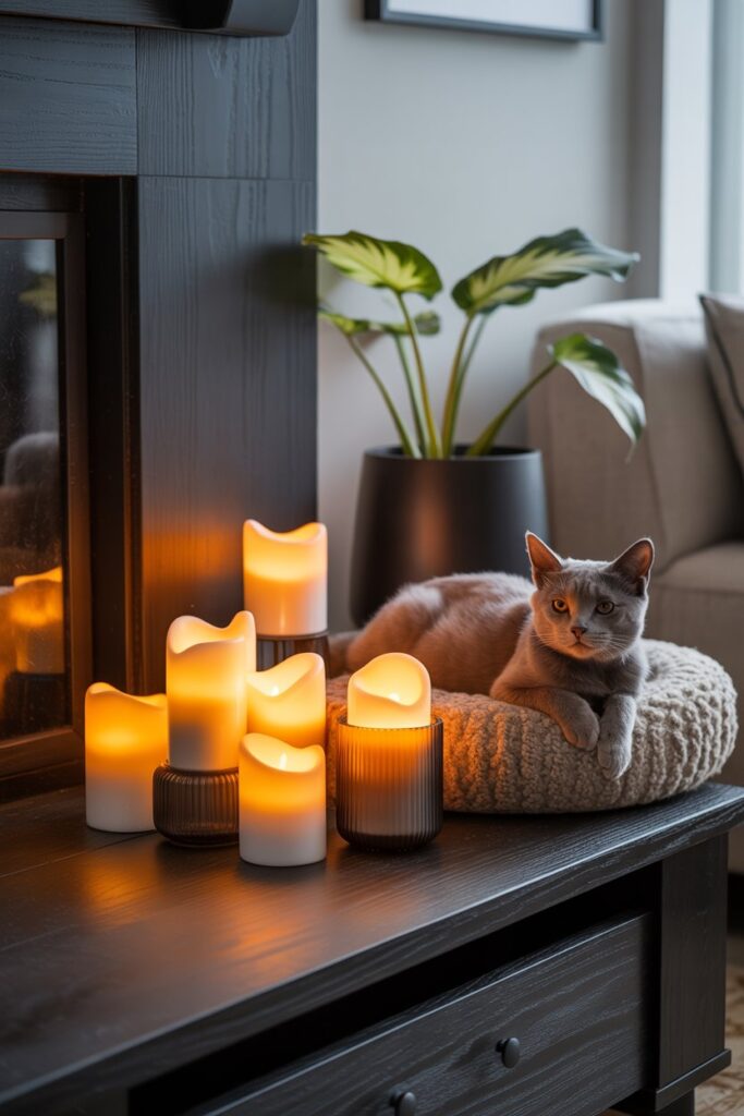 LED flameless candles glowing in a modern dark-toned room with cat lounging nearby.