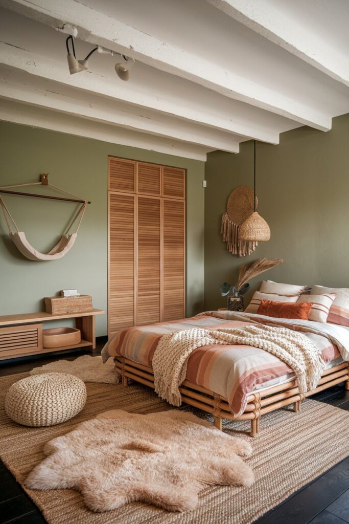 Layered natural materials in this serene bedroom oak floors, woven rugs, linen bedding in neutral tones, a woven jute pouf doubling as a cat hideout,
