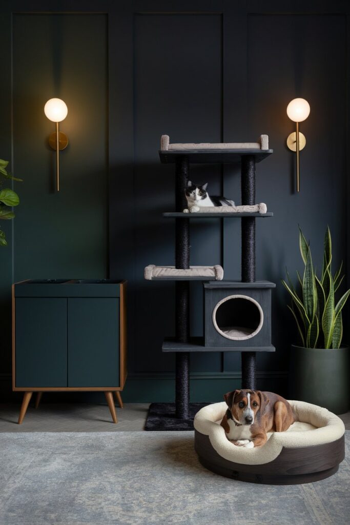 Living room with black-washed pet furniture, warm neutral accents, and cozy dark-toned decor.