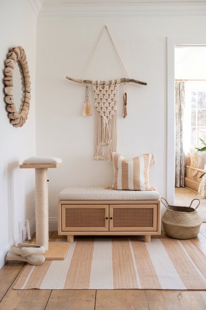 Minimalist bohemian hall with pale terracotta-striped runner, hanging terracotta planters, woven storage bench concealing cat litter
