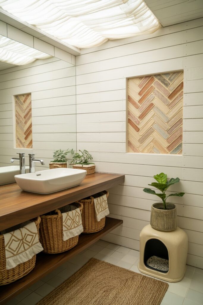 Minimalist pet-friendly powder room with frosted skylight, floating teak shelves of cedarwood grooming crates, a covered neutral planter litter box