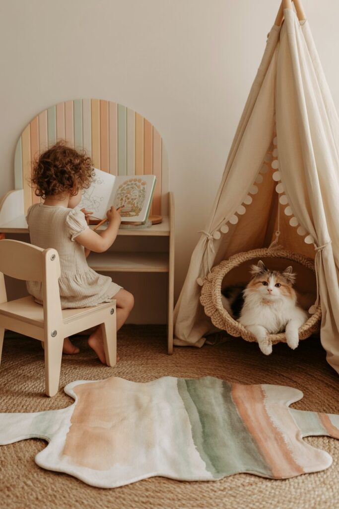 Modern boho nursery with bleached oak floors, hand-loomed watercolor rug, pastel-striped accent wall