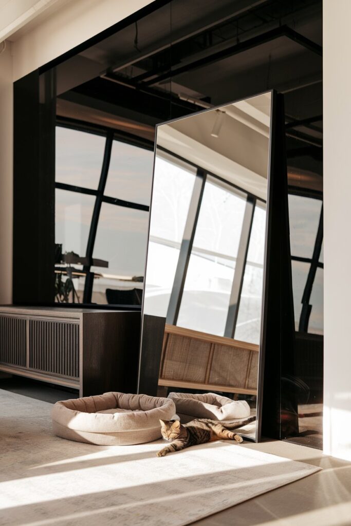 Modern interior with black-painted wall, cat lounging in light near a mirrored console.