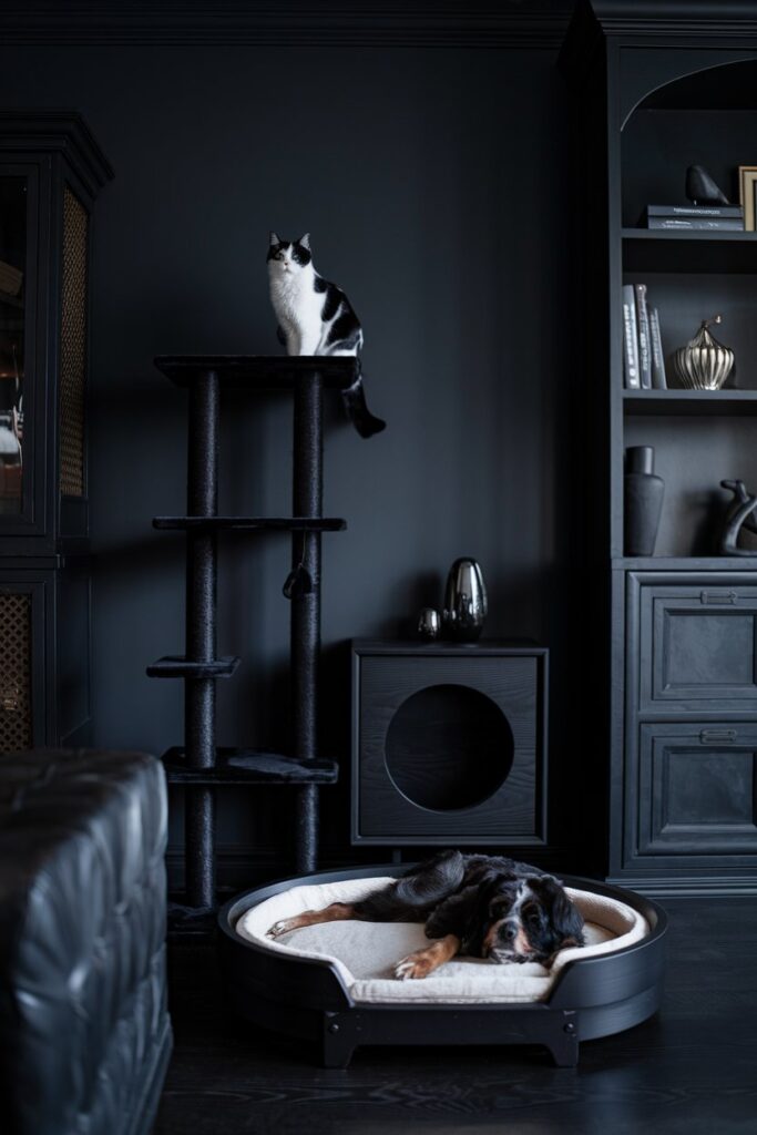 Modern living room with matte black cat tree, dog bed in dark wood, and charcoal-toned furniture.