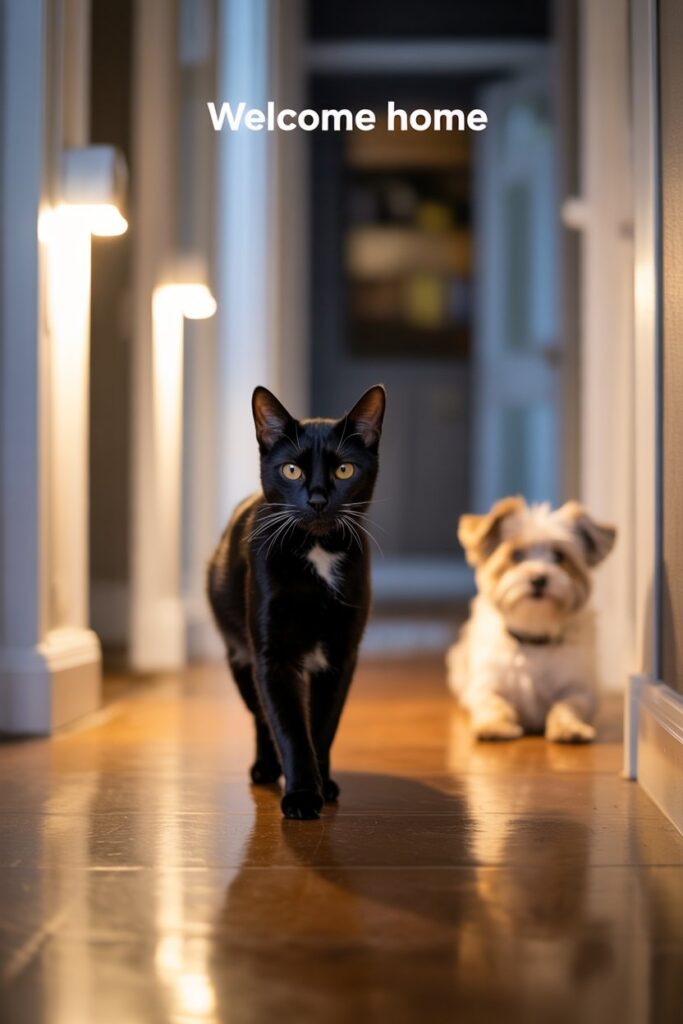 Motion-sensor wall lights glowing at night for pet-friendly safety and design.