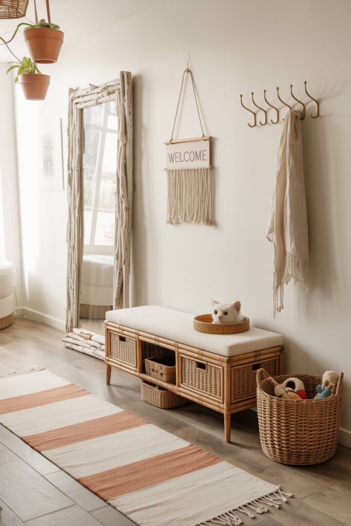Natural-fiber mudroom with floating wood shelf, cream embroidery runner, cane-weave bench hiding a litter tray,