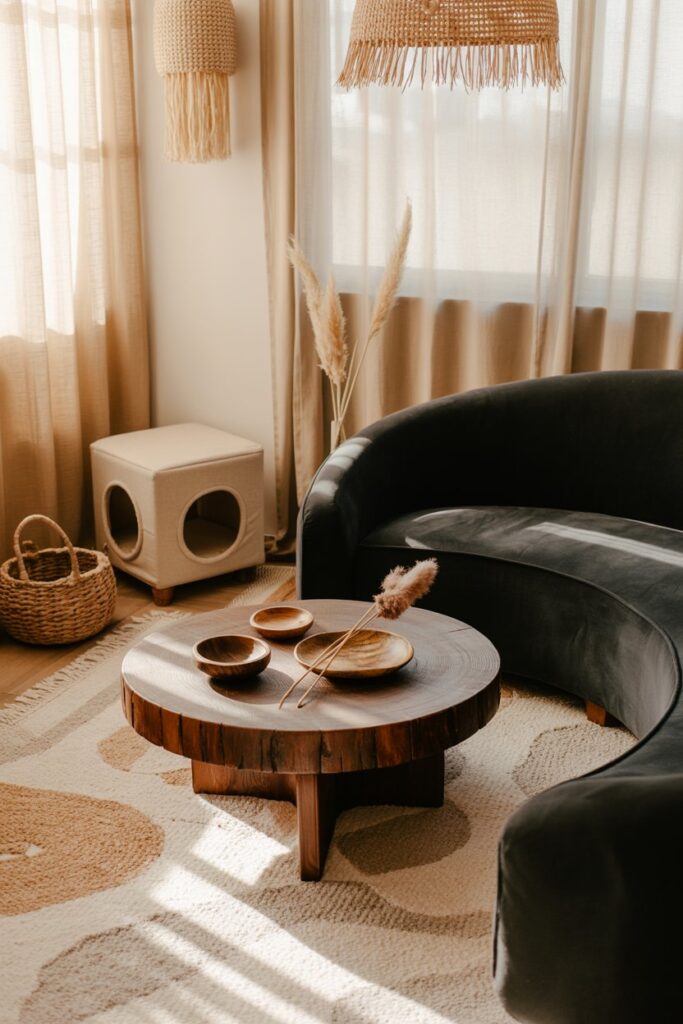 Natural materials abound in this boho chic living space honey oak floors, jute poufs, macramé wall hangings