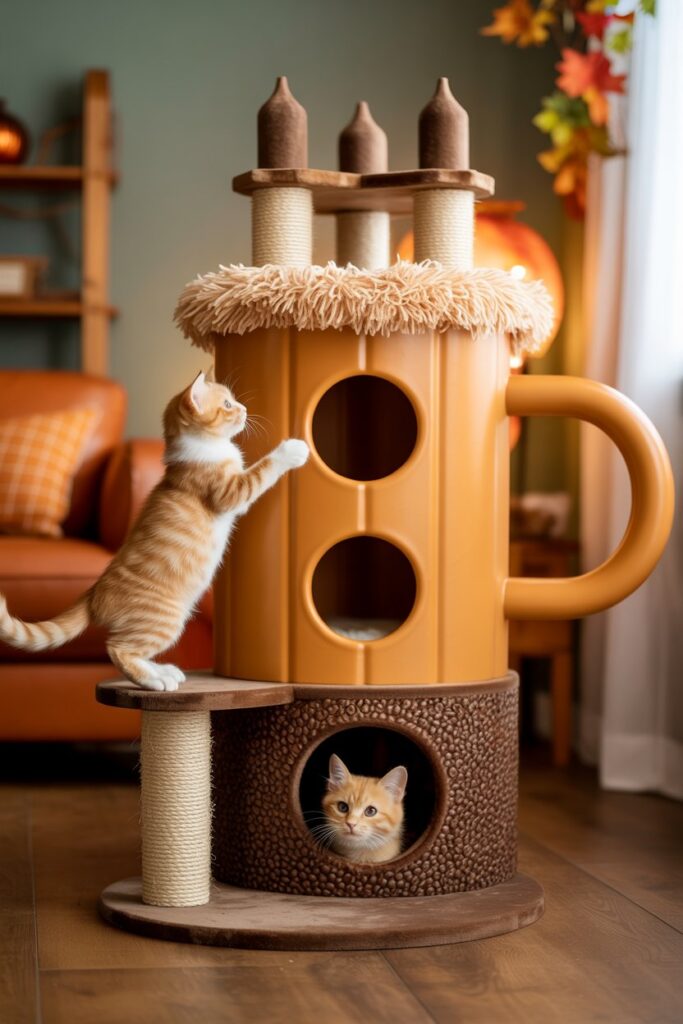 Orange tabby cat using pumpkin spice themed tower designed like coffee mug with foam cushions in autumn home setting