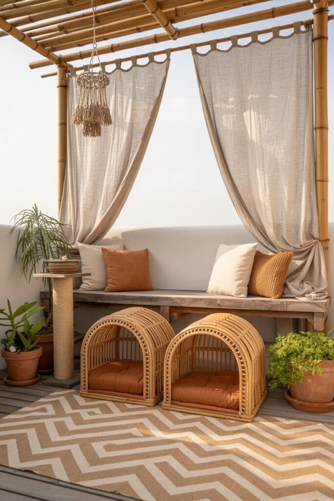 Outdoor bohemian lounge with flagstone floor, olive-and-beige geometric rug, teak sofa with terracotta pillows, weather-resistant rattan cat perches