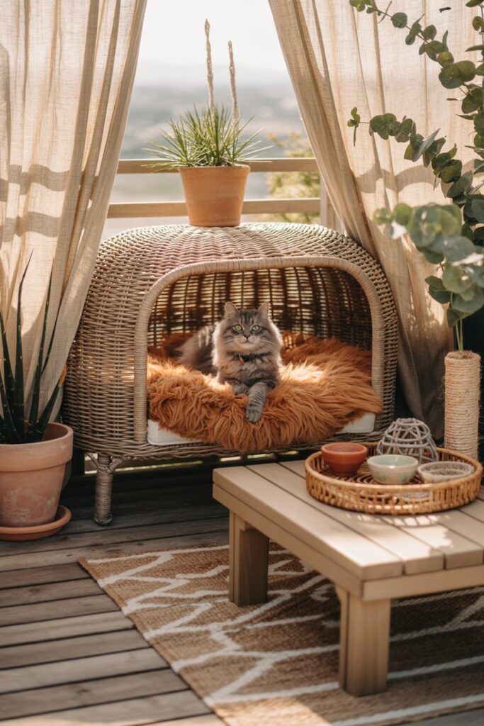Pet-friendly patio featuring a bamboo pergola draped in linen curtains, reclaimed teak coffee table, raised wooden feeding bowls on a jute mat