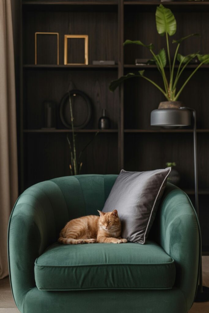 Pet lounging on a performance velvet cushion surrounded by rich wall tones and minimal decor.