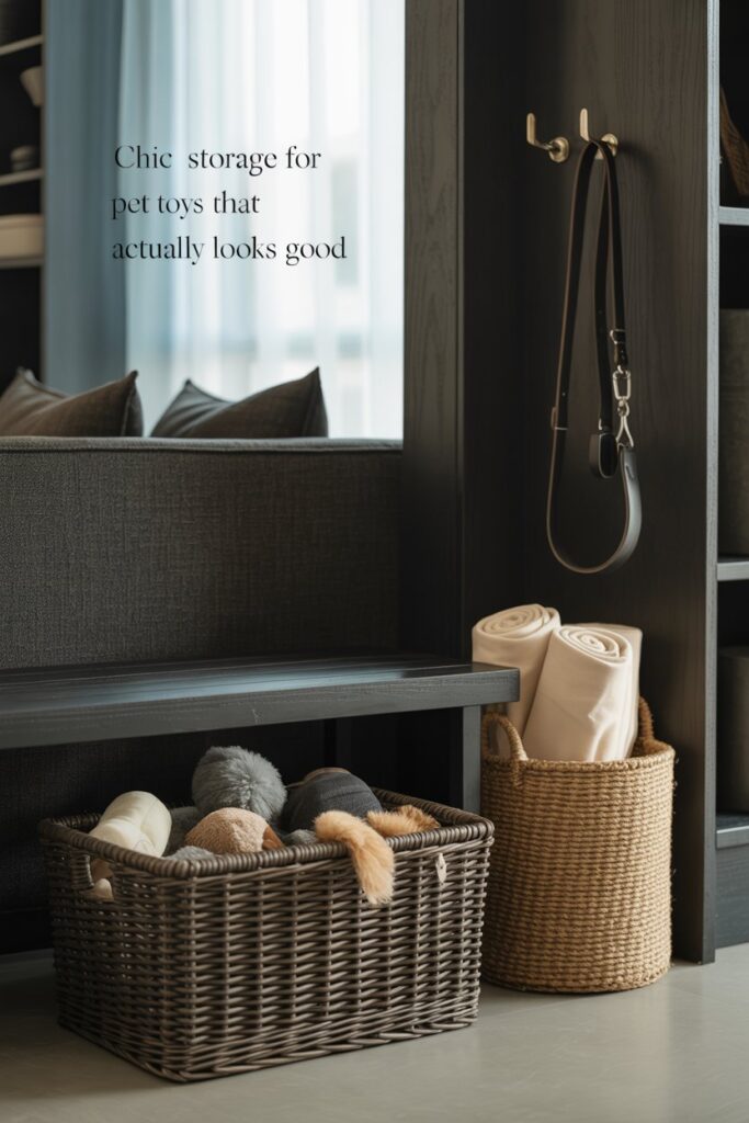 Pet organization idea felt black storage bin holding leashes and treats in a stylish corner.